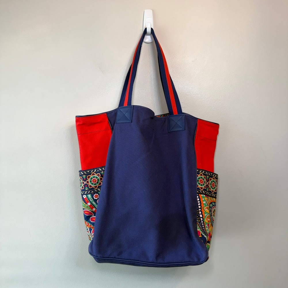 Vera Bradley Venetian Paisley Print Canvas Tote Bag Navy Red Large Shoulder Bag